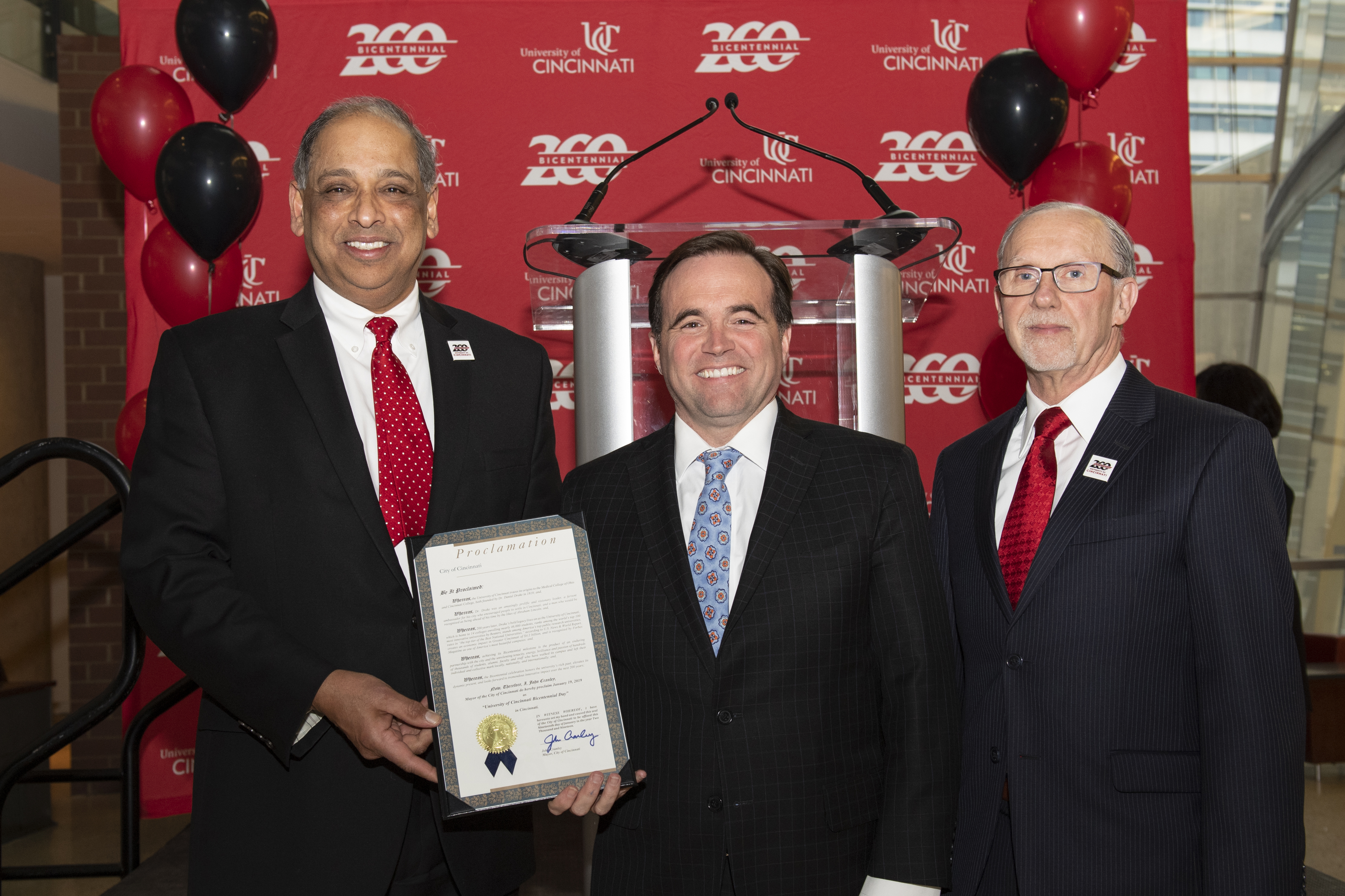 President Neville Pinto, Mayor John Cranley and UC College of Medicine Interim Dean Andrew Filak, Jr. MD at the Bicentennial Celebration