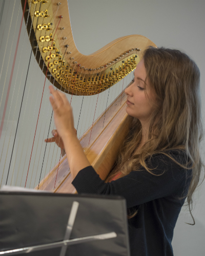 Taylor Fleshman playing harp-vertical